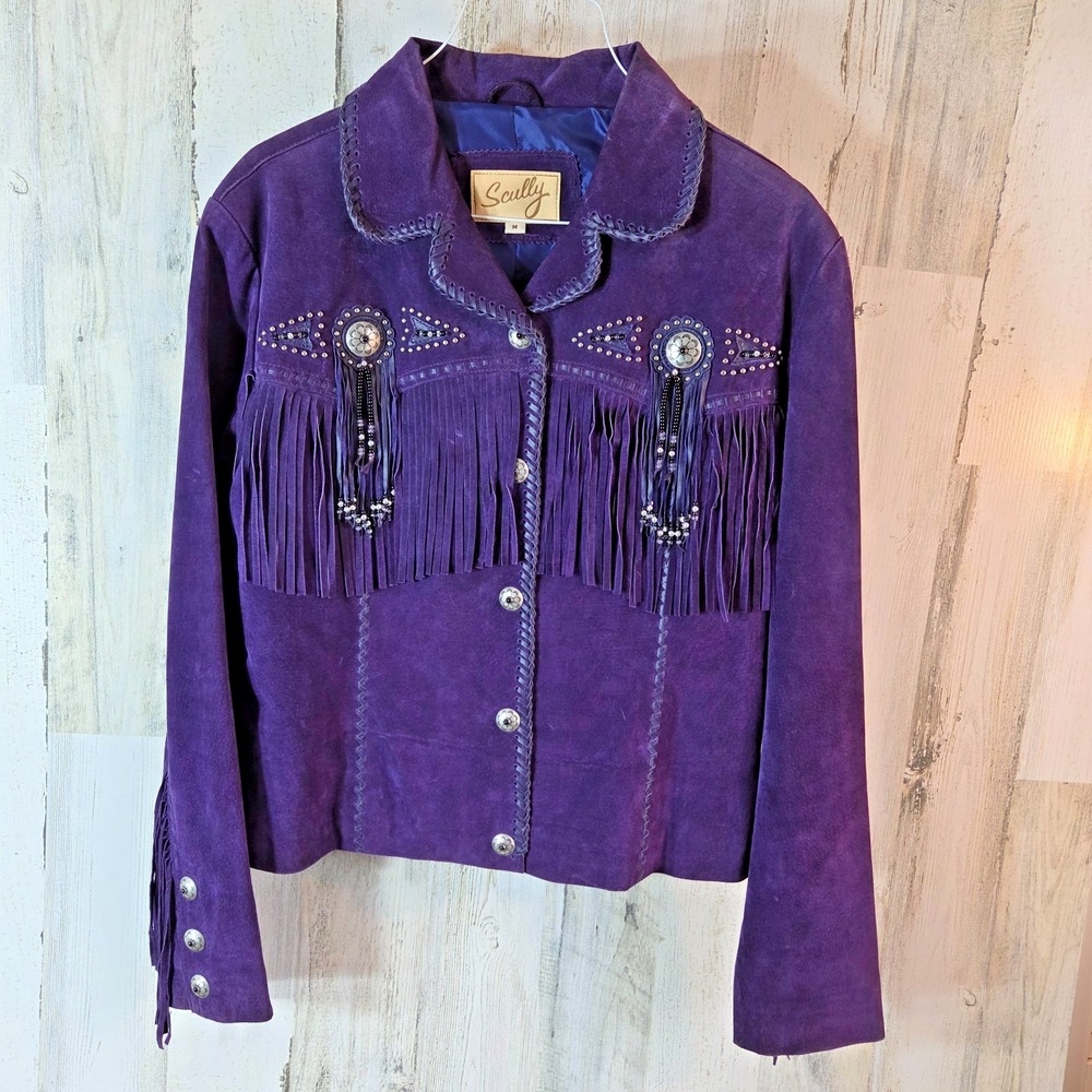 Scully Purple Boar Suede Fringe Western Jacket Med Beaded Studs Concho Cowgirl